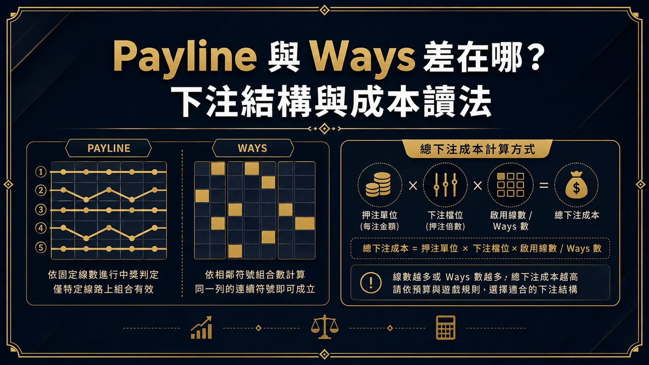 老虎機 Payline 與 Ways 有什麼差？下注結構、符號與預算讀法特色封面圖